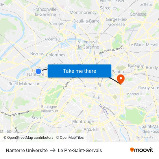 Nanterre Université to Le Pre-Saint-Gervais map