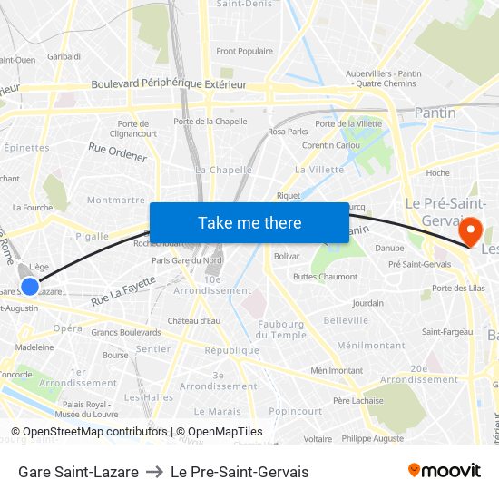 Gare Saint-Lazare to Le Pre-Saint-Gervais map