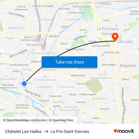 Châtelet Les Halles to Le Pre-Saint-Gervais map