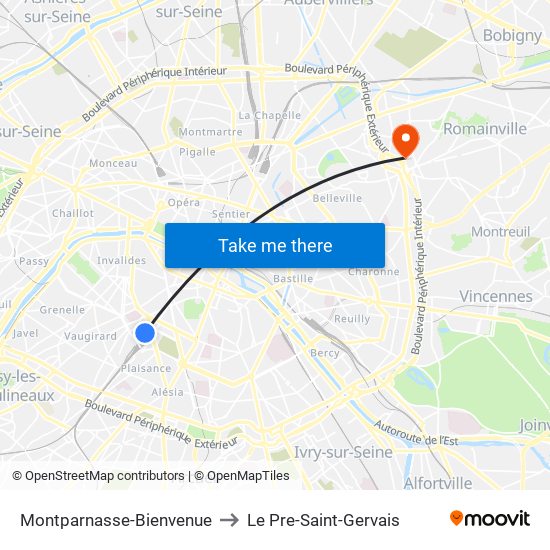 Montparnasse-Bienvenue to Le Pre-Saint-Gervais map