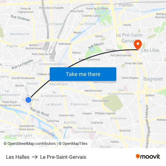 Les Halles to Le Pre-Saint-Gervais map