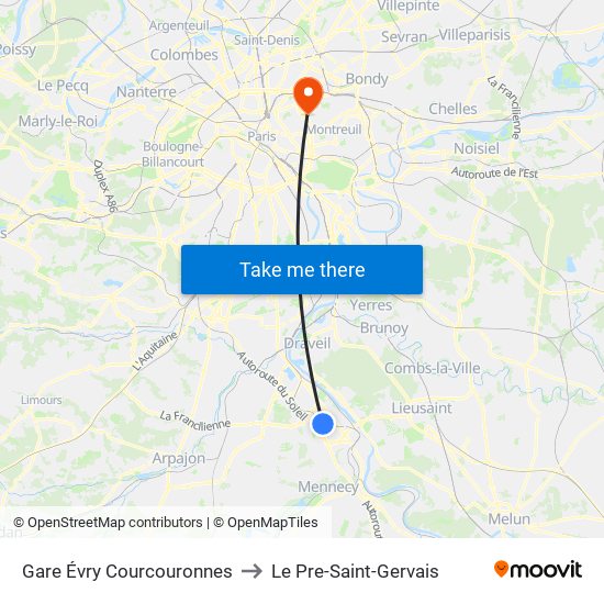 Gare Évry Courcouronnes to Le Pre-Saint-Gervais map