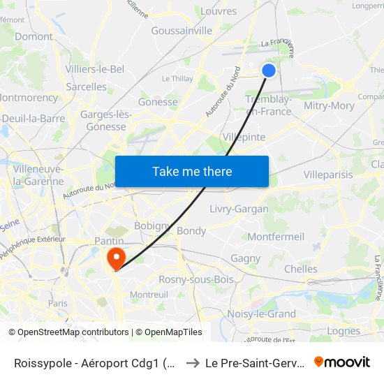 Roissypole - Aéroport Cdg1 (D3) to Le Pre-Saint-Gervais map