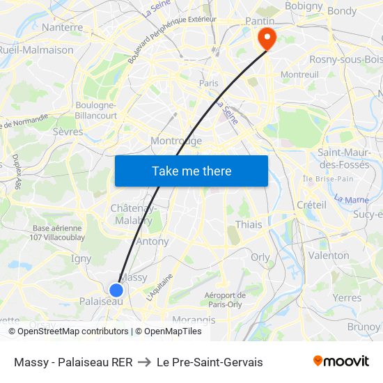 Massy - Palaiseau RER to Le Pre-Saint-Gervais map