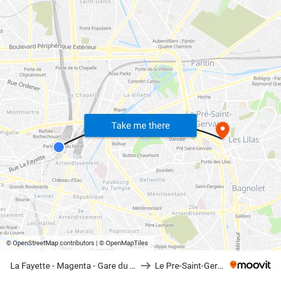 La Fayette - Magenta - Gare du Nord to Le Pre-Saint-Gervais map