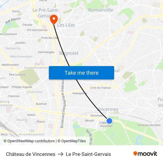 Château de Vincennes to Le Pre-Saint-Gervais map