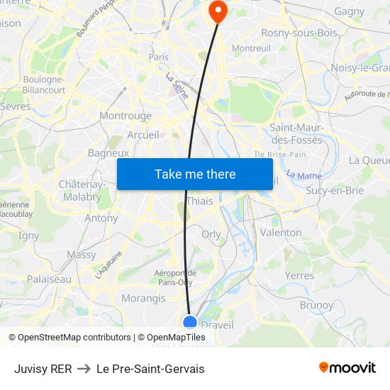 Juvisy RER to Le Pre-Saint-Gervais map