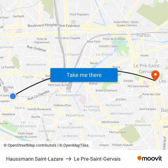 Haussmann Saint-Lazare to Le Pre-Saint-Gervais map
