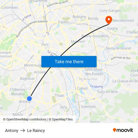 Antony to Le Raincy map