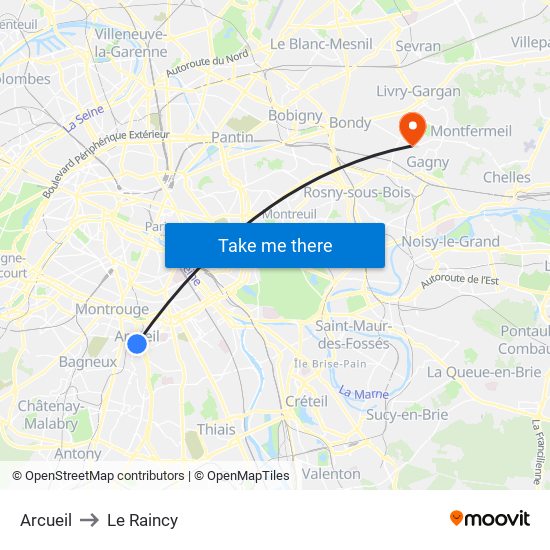 Arcueil to Le Raincy map