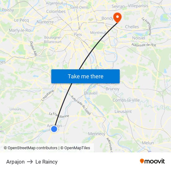 Arpajon to Le Raincy map