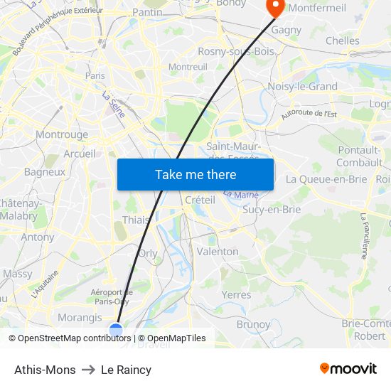 Athis-Mons to Le Raincy map