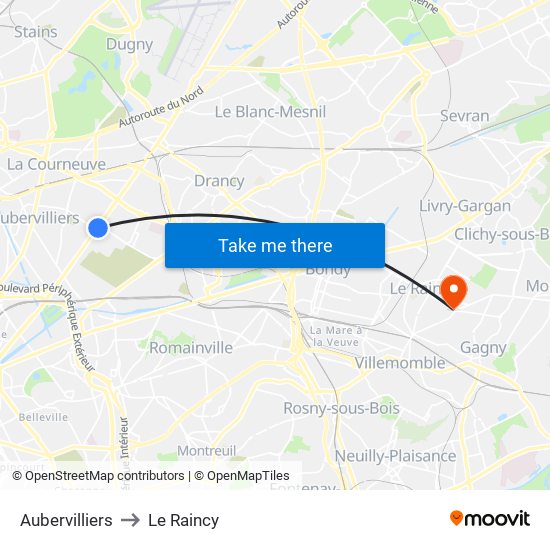 Aubervilliers to Le Raincy map