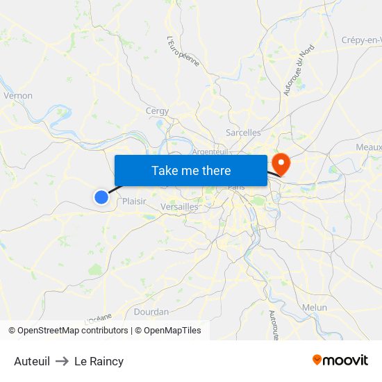 Auteuil to Le Raincy map