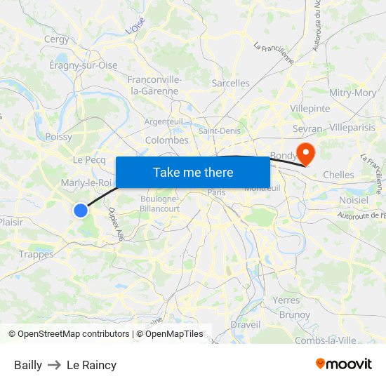 Bailly to Le Raincy map
