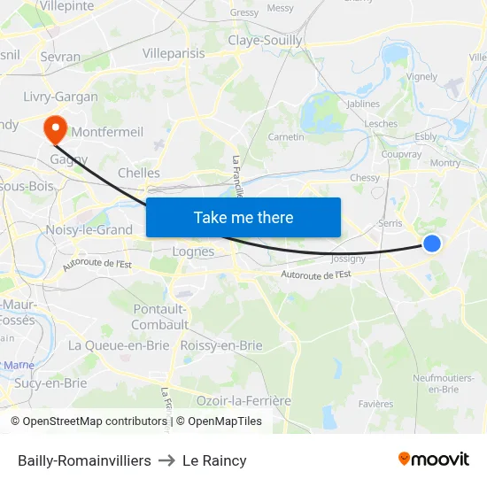 Bailly-Romainvilliers to Le Raincy map