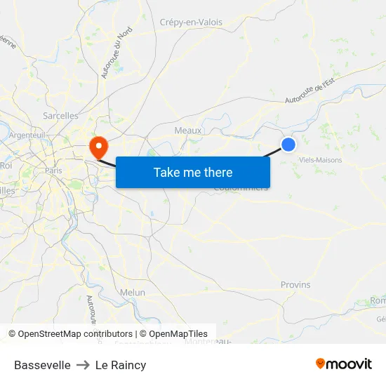 Bassevelle to Le Raincy map
