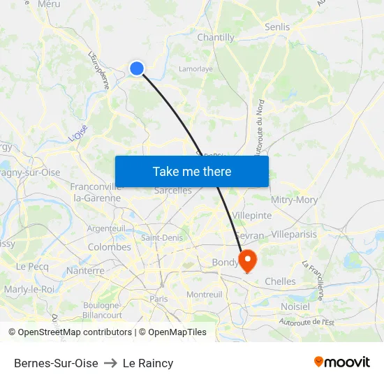 Bernes-Sur-Oise to Le Raincy map