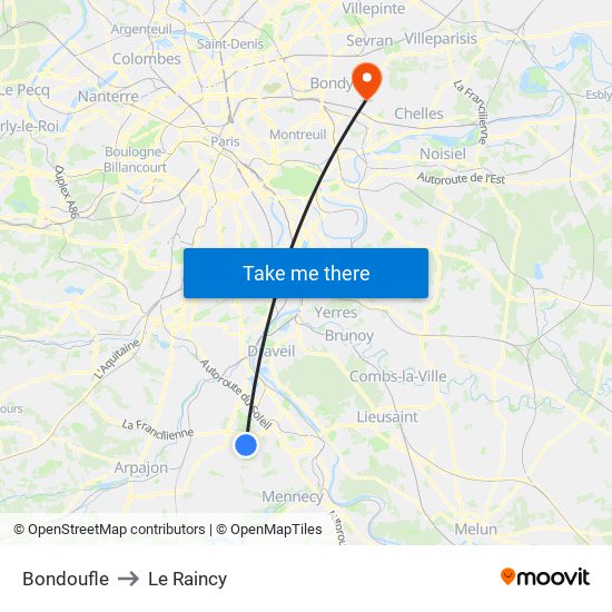 Bondoufle to Le Raincy map