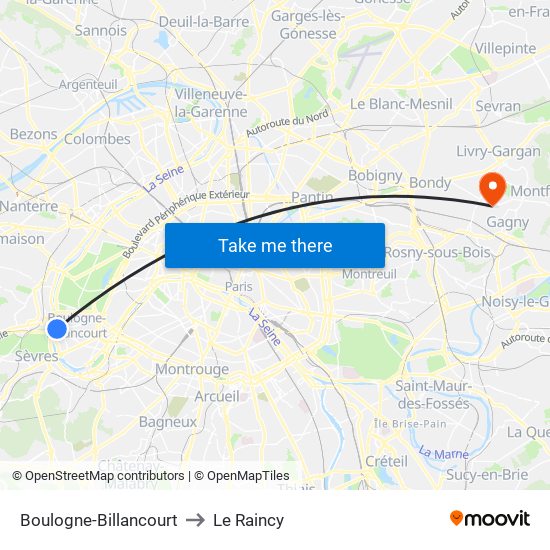 Boulogne-Billancourt to Le Raincy map