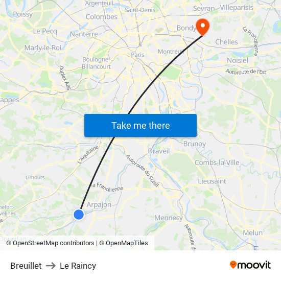 Breuillet to Le Raincy map
