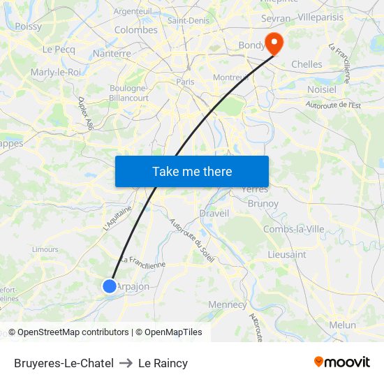 Bruyeres-Le-Chatel to Le Raincy map