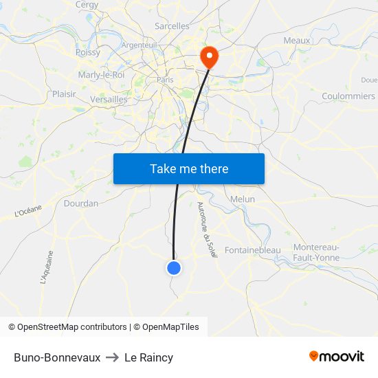 Buno-Bonnevaux to Le Raincy map
