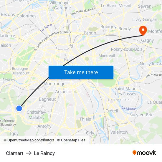 Clamart to Le Raincy map
