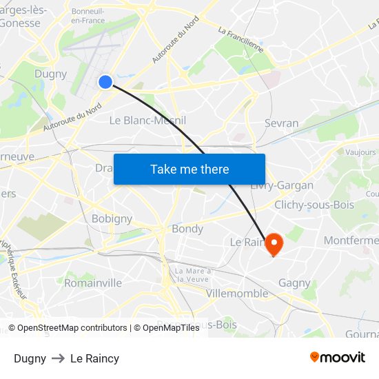 Dugny to Le Raincy map