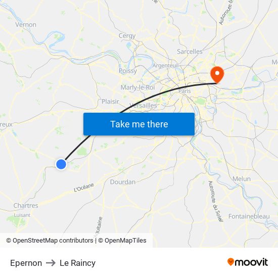 Epernon to Le Raincy map