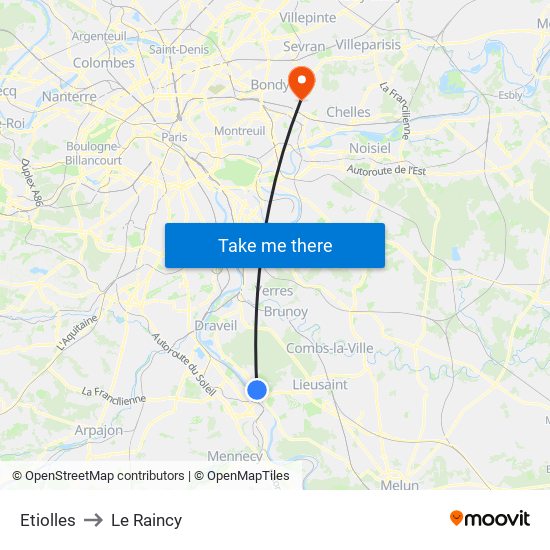 Etiolles to Le Raincy map