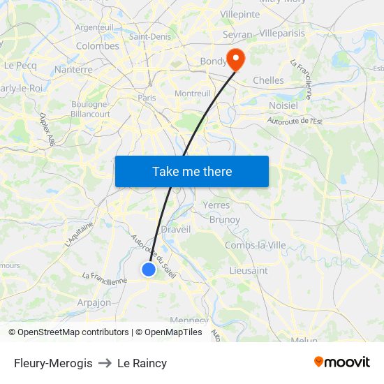 Fleury-Merogis to Le Raincy map