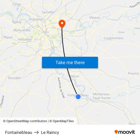 Fontainebleau to Le Raincy map