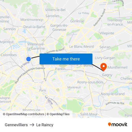 Gennevilliers to Le Raincy map