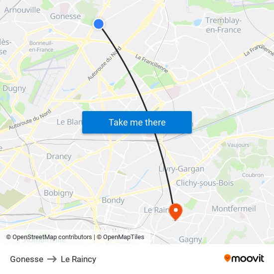Gonesse to Le Raincy map