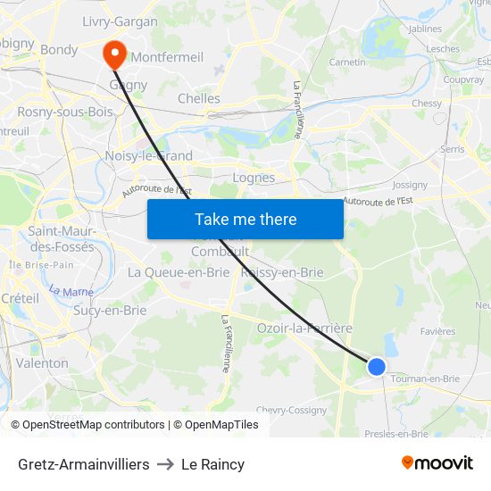 Gretz-Armainvilliers to Le Raincy map