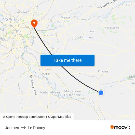Jaulnes to Le Raincy map