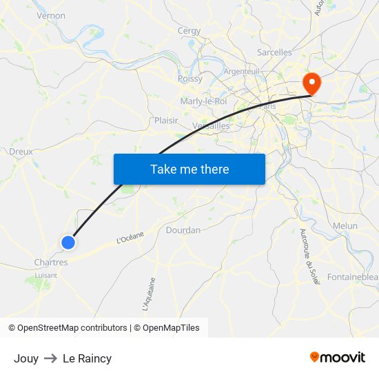 Jouy to Le Raincy map