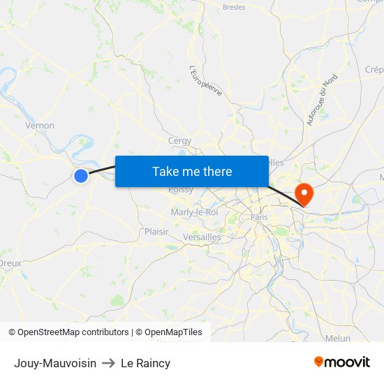 Jouy-Mauvoisin to Le Raincy map