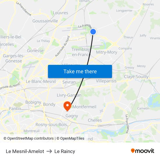 Le Mesnil-Amelot to Le Raincy map