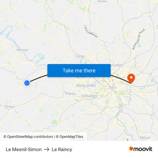 Le Mesnil-Simon to Le Raincy map