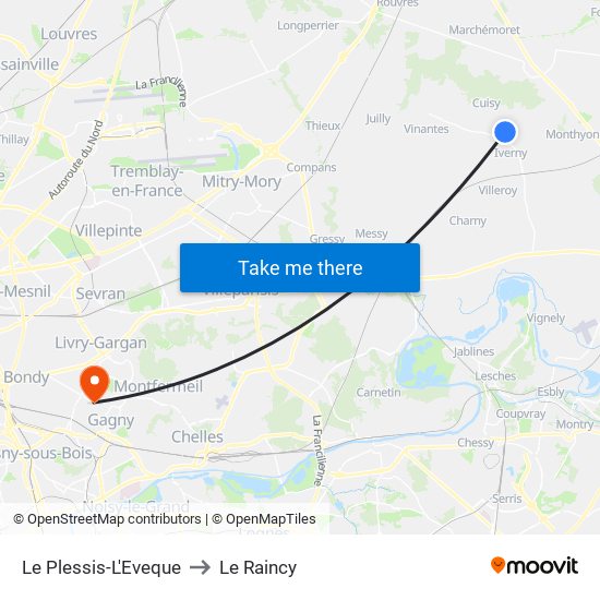 Le Plessis-L'Eveque to Le Raincy map