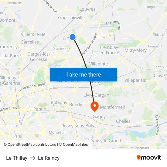 Le Thillay to Le Raincy map