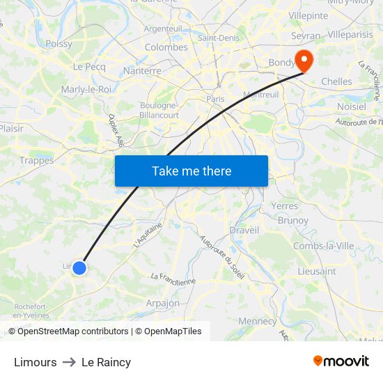 Limours to Le Raincy map