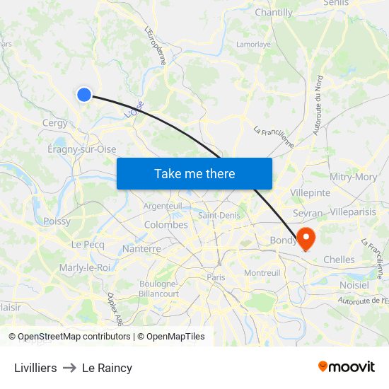 Livilliers to Le Raincy map