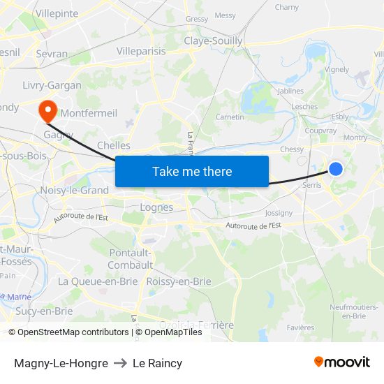 Magny-Le-Hongre to Le Raincy map