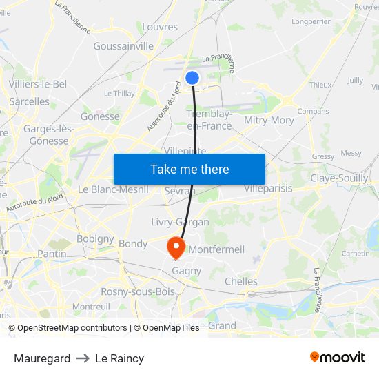 Mauregard to Le Raincy map