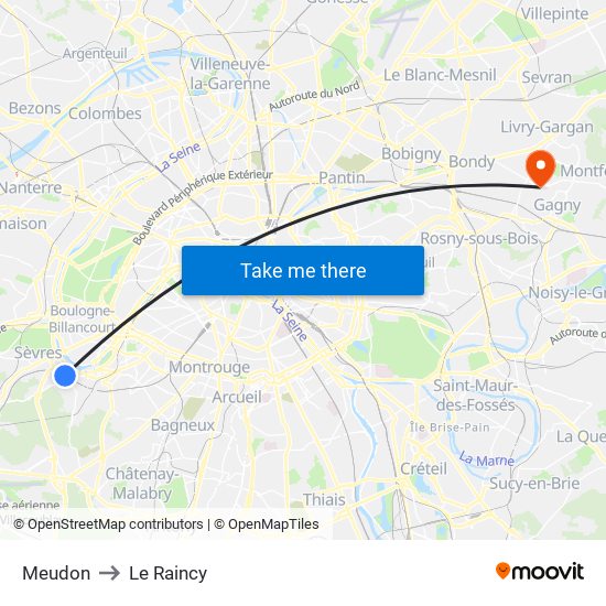 Meudon to Le Raincy map