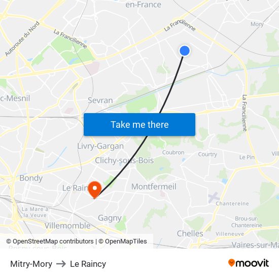 Mitry-Mory to Le Raincy map