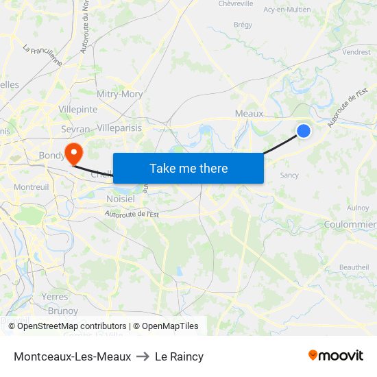 Montceaux-Les-Meaux to Le Raincy map